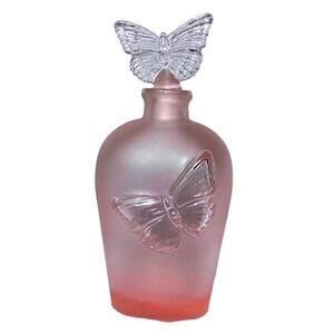 Vintage Pink Satin Frosted Glass Vanity Butterfly Perfume Bottle & Stopper Decor